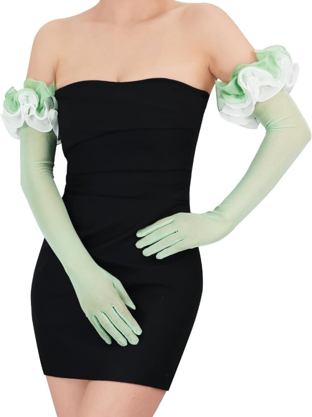 Elegant Women's Long Sheer Mesh Tulle Opera Gloves with Floral Ruffles